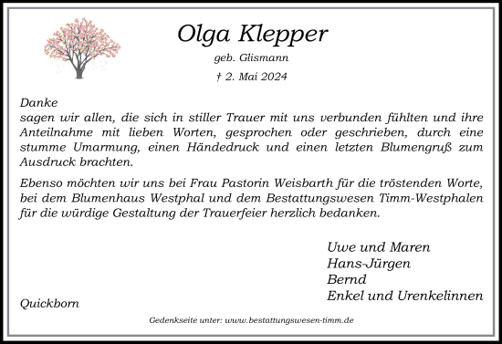 Traueranzeige von Olga Klepper von Region Pinneberg und tip Pinneberg