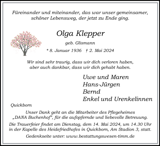 Traueranzeige von Olga Klepper von Region Pinneberg und tip Pinneberg