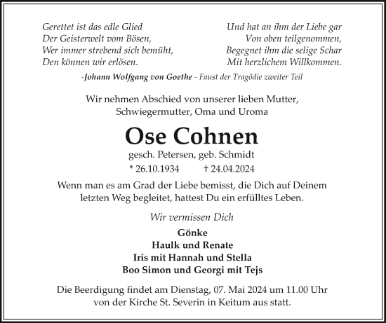 Traueranzeige von Ose Cohnen von Sylter Rundschau