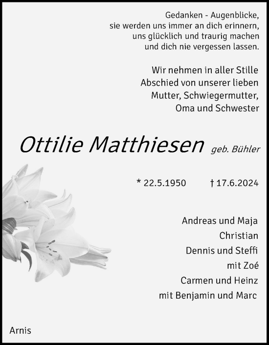 Traueranzeige von Ottilie Matthiesen von Schleswiger Nachrichten, Schlei-Bote