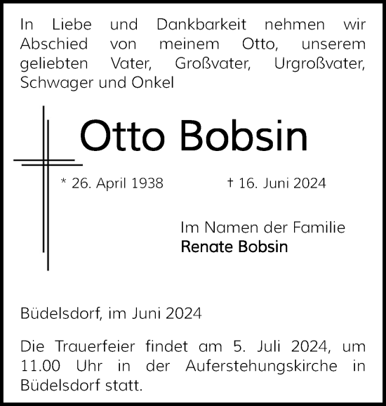 Traueranzeige von Otto Bobsin von Schleswig-Holsteinische Landeszeitung