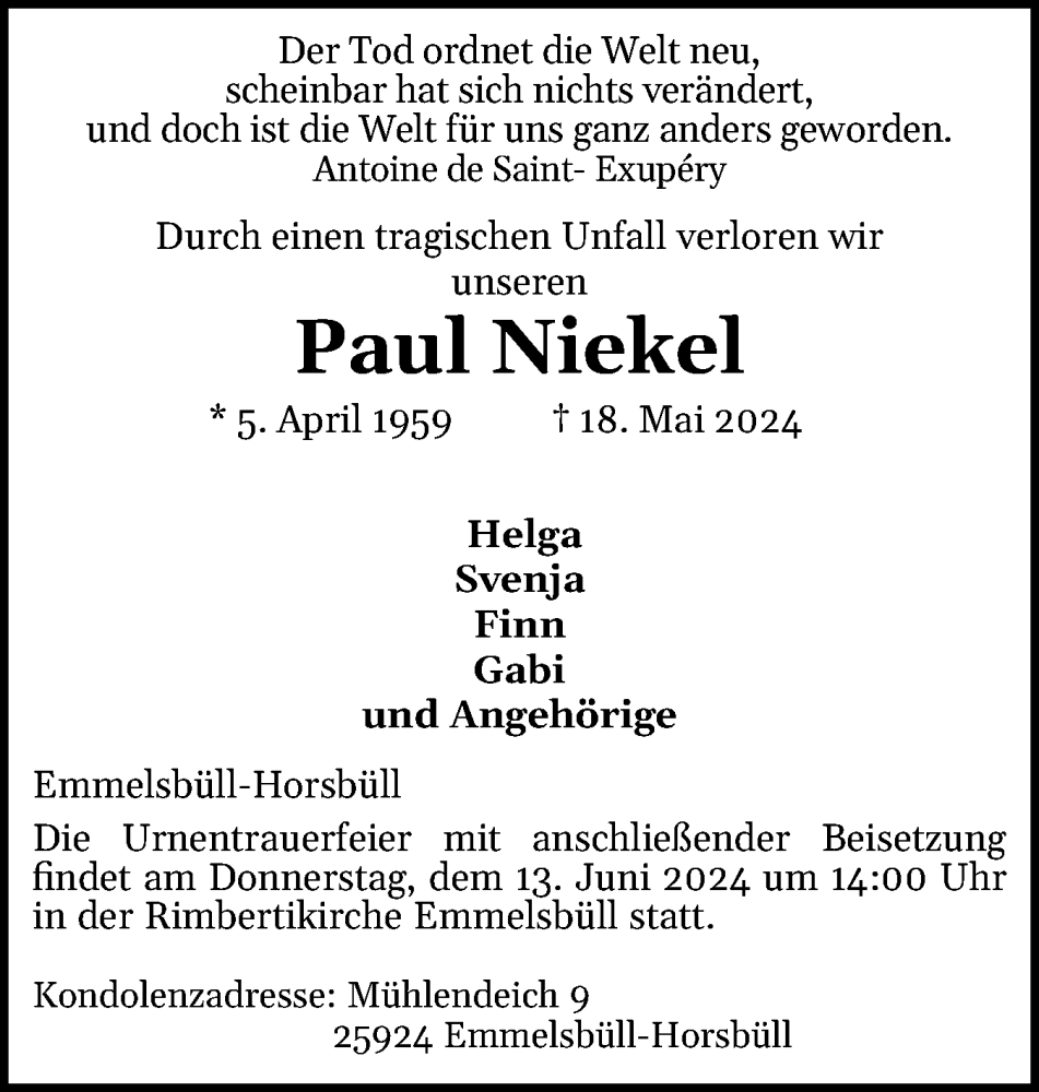  Traueranzeige für Paul Niekel vom 04.06.2024 aus Region Westküste