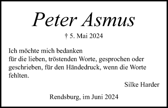 Traueranzeige von Peter Asmus von Schleswig-Holsteinische Landeszeitung