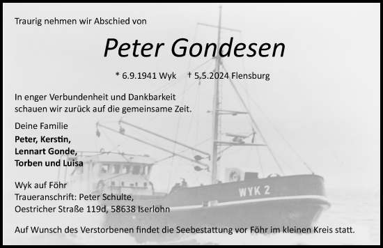 Traueranzeige von Peter Gondesen von Der Insel-Bote