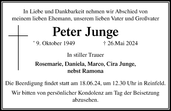 Traueranzeige von Peter Junge von Stormaner Tageblatt