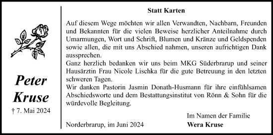 Traueranzeige von Peter Kruse von Schleswiger Nachrichten, Schlei-Bote