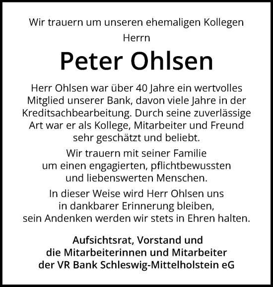 Traueranzeige von Peter Ohlsen von Schleswiger Nachrichten, Schlei-Bote