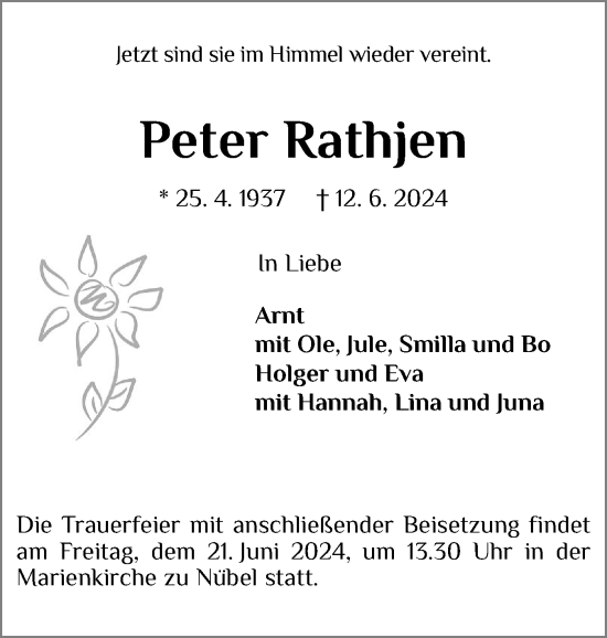 Traueranzeige von Peter Rathjen von Schleswiger Nachrichten, Schlei-Bote