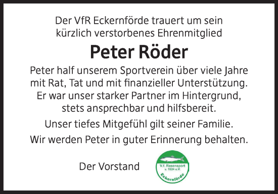 Traueranzeige von Peter Röder von Eckernförder Zeitung, Hallo Eckernförde
