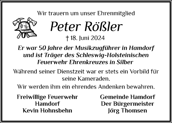 Traueranzeige von Peter Rößler von Schleswig-Holsteinische Landeszeitung