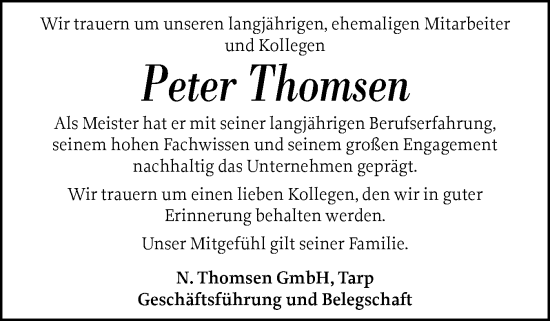 Traueranzeige von Peter Thomsen von Flensburger Tageblatt