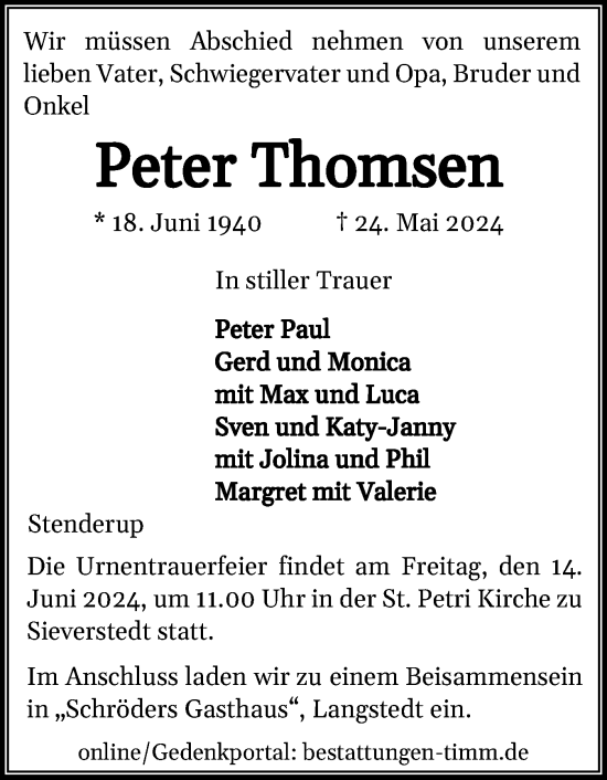 Traueranzeige von Peter Thomsen von Flensburger Tageblatt