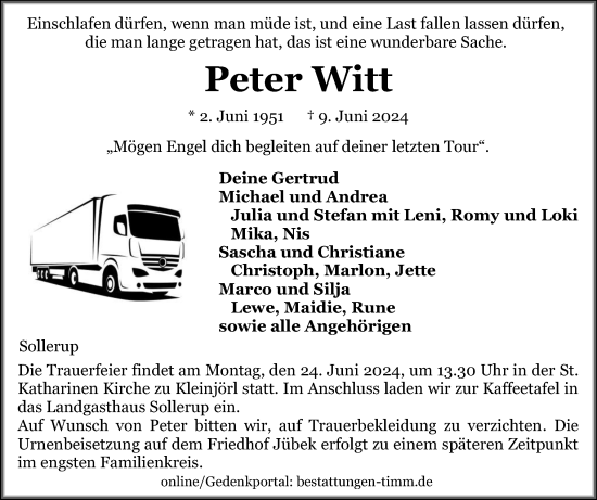 Traueranzeige von Peter Witt von Flensburger Tageblatt