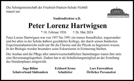 Traueranzeige von Peter Lorenz Hartwigsen von Husumer Nachrichten, Nordfriesland Tageblatt