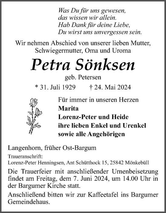 Traueranzeige von Petra Sönksen von Husumer Nachrichten, Nordfriesland Tageblatt