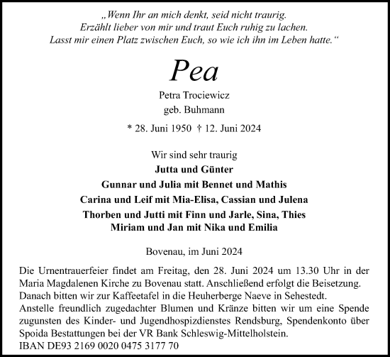 Traueranzeige von Petra Trociewicz von Schleswig-Holsteinische Landeszeitung