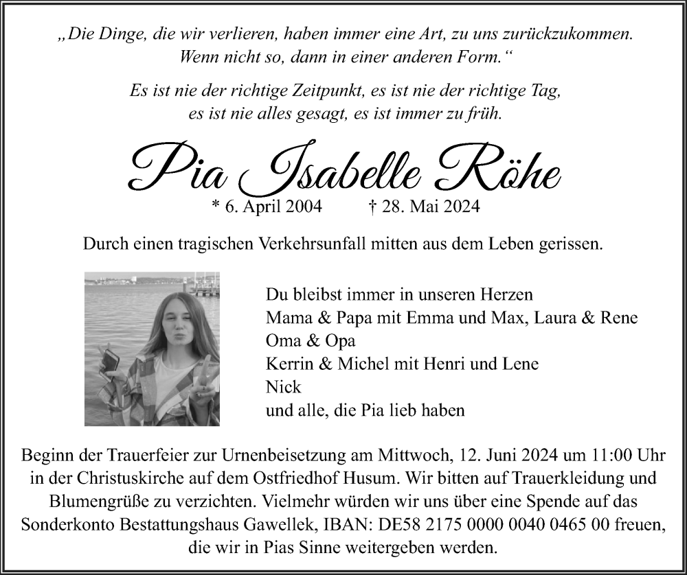  Traueranzeige für Pia Isabelle Röhe vom 08.06.2024 aus Husumer Nachrichten, Nordfriesland Tageblatt