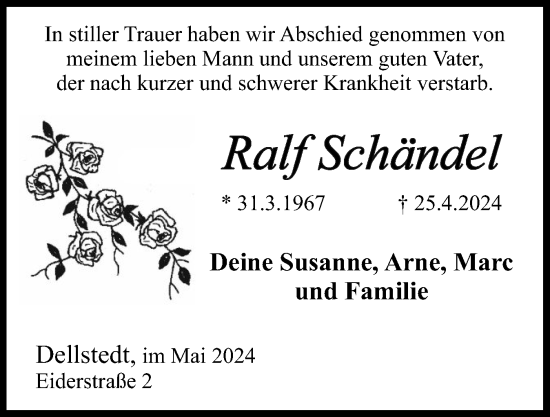 Traueranzeige von Ralf Schändel von Norddeutsche Rundschau, Wilstersche Zeitung, Glückstädter Fortuna