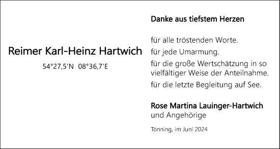 Traueranzeige von Reimer Karl-Heinz Hartwich von Husumer Nachrichten, Nordfriesland Tageblatt