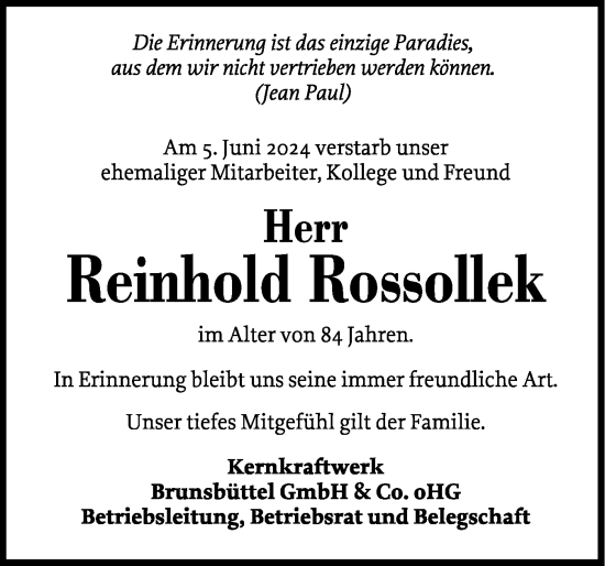 Traueranzeige von Reinhold Rossollek von Norddeutsche Rundschau, Wilstersche Zeitung, Glückstädter Fortuna