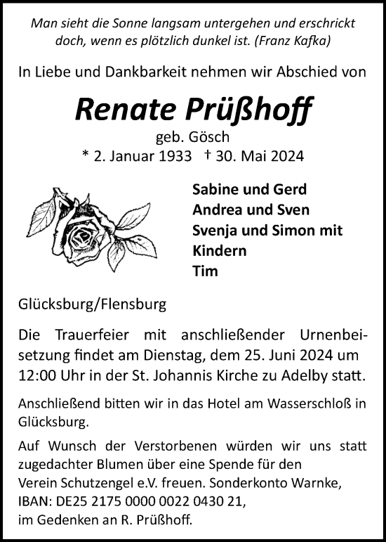 Traueranzeige von Renate Prüßhoff von Flensburger Tageblatt