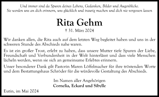 Traueranzeige von Rita Gehm von Ostholsteiner Anzeiger