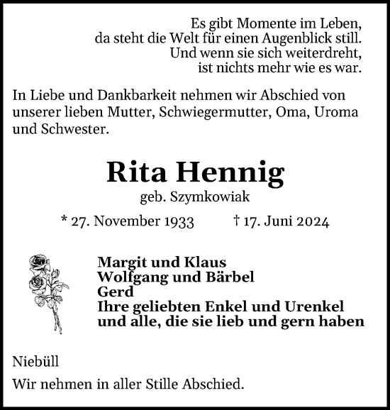 Traueranzeige von Rita Hennig von Husumer Nachrichten, Nordfriesland Tageblatt