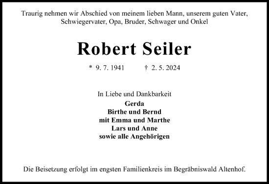 Traueranzeige von Robert Seiler von Eckernförder Zeitung, Hallo Eckernförde