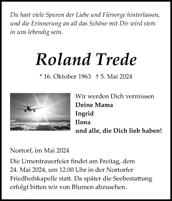 Traueranzeige von Roland Trede von Schleswig-Holsteinische Landeszeitung
