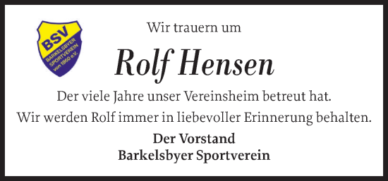 Traueranzeige von Rolf Hensen von Eckernförder Zeitung, Hallo Eckernförde
