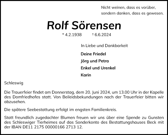Traueranzeige von Rolf Sörensen von Schleswiger Nachrichten, Schlei-Bote