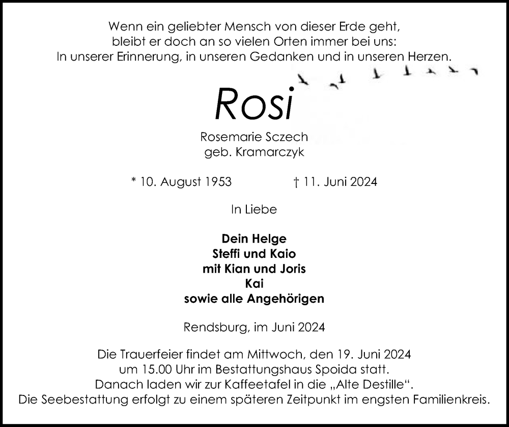  Traueranzeige für Rosemarie Sczech vom 15.06.2024 aus Schleswig-Holsteinische Landeszeitung