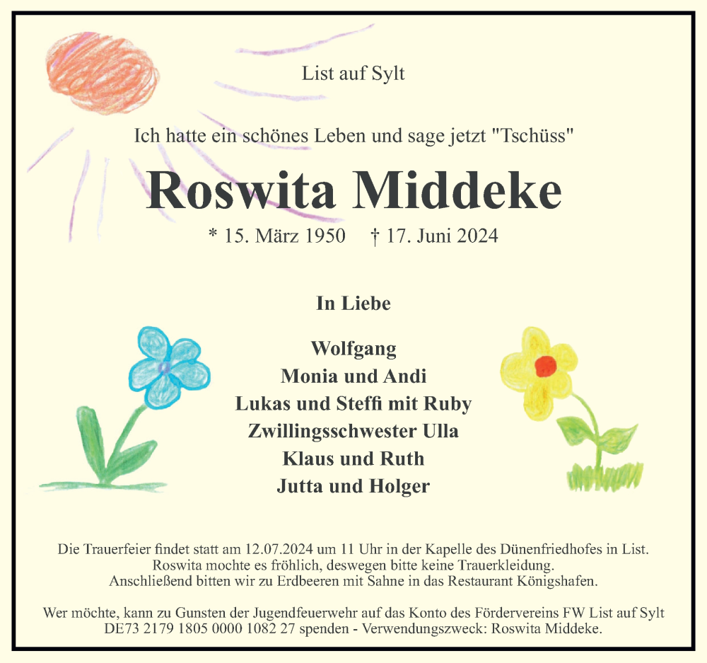  Traueranzeige für Roswita Middeke vom 29.06.2024 aus Sylter Rundschau