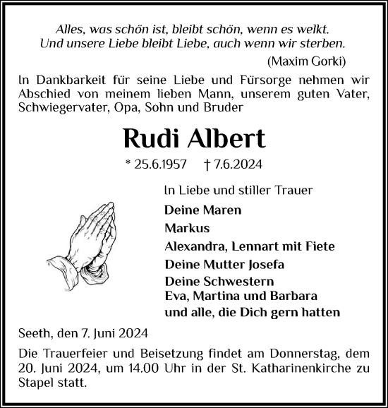 Traueranzeige von Rudi Albert von Husumer Nachrichten, Nordfriesland Tageblatt
