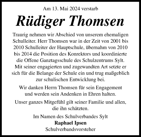 Traueranzeige von Rüdiger Thomsen von Husumer Nachrichten, Nordfriesland Tageblatt
