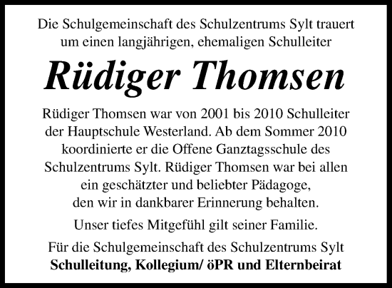 Traueranzeige von Rüdiger Thomsen von Husumer Nachrichten, Nordfriesland Tageblatt