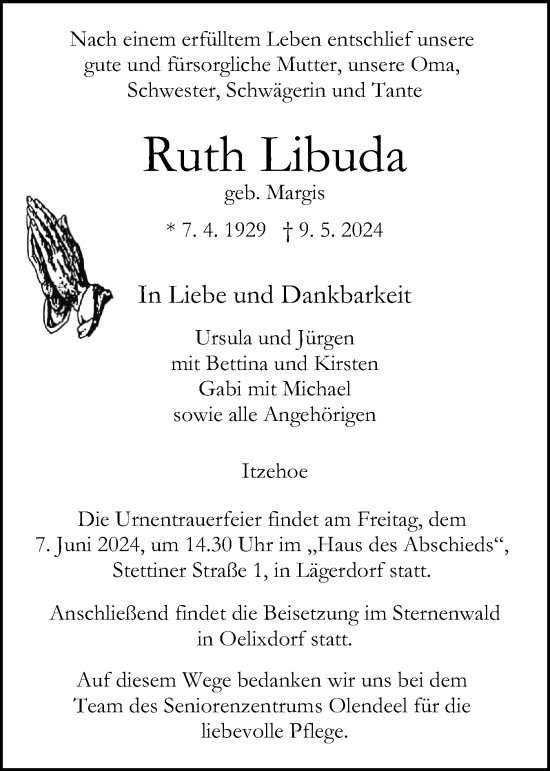 Traueranzeige von Ruth Libuda von Norddeutsche Rundschau, Wilstersche Zeitung, Glückstädter Fortuna