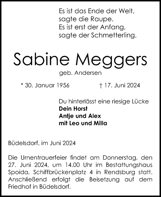 Traueranzeige von Sabine Meggers von Schleswig-Holsteinische Landeszeitung