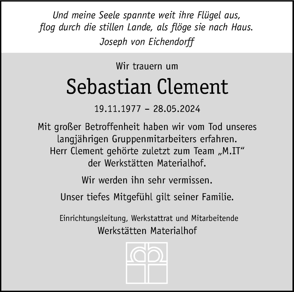  Traueranzeige für Sebastian Clement vom 07.06.2024 aus Schleswiger Nachrichten, Schlei-Bote