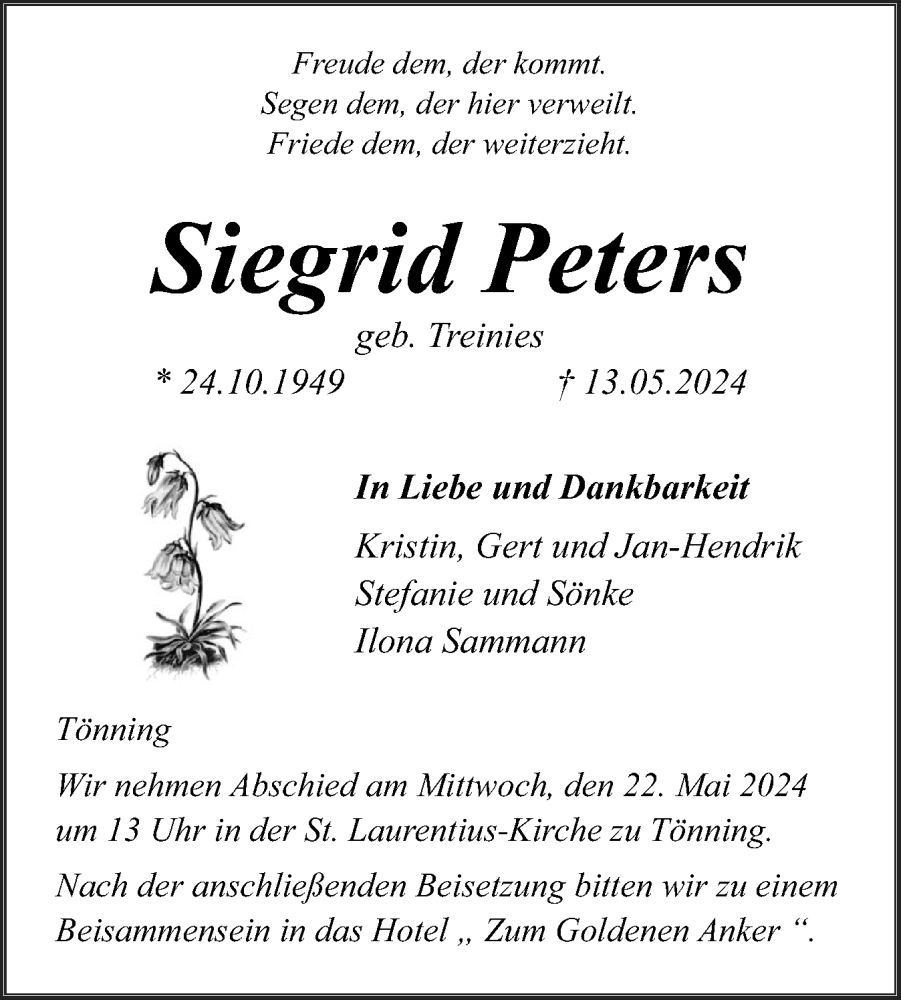  Traueranzeige für Siegrid Peters vom 18.05.2024 aus Husumer Nachrichten, Nordfriesland Tageblatt