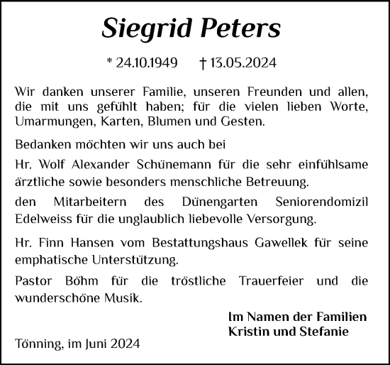 Traueranzeige von Siegrid Peters von Husumer Nachrichten, Nordfriesland Tageblatt