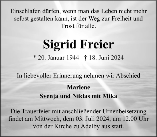 Traueranzeige von Sigrid Freier von Flensburger Tageblatt