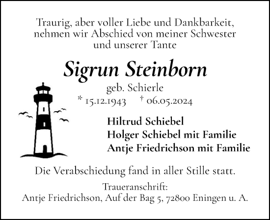 Traueranzeige von Sigrun Steinborn von Norddeutsche Rundschau, Wilstersche Zeitung, Glückstädter Fortuna