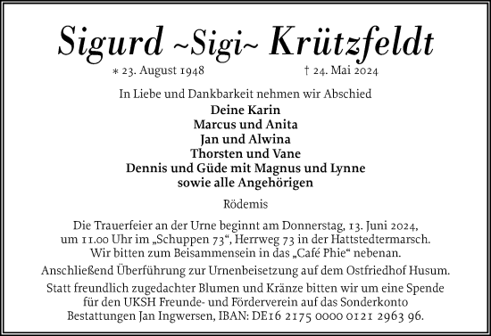 Traueranzeige von Sigurd Krützfeldt von Husumer Nachrichten, Nordfriesland Tageblatt