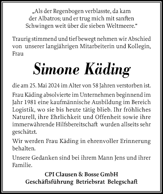 Traueranzeige von Simone Käding von Husumer Nachrichten, Nordfriesland Tageblatt