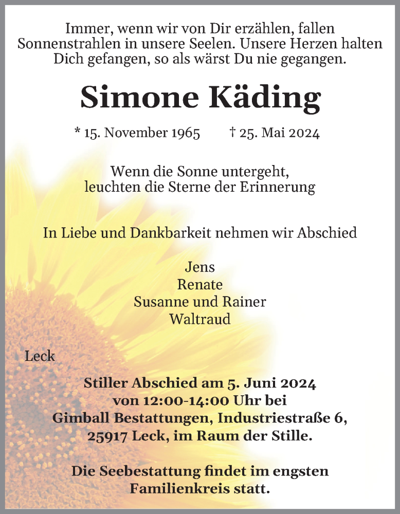  Traueranzeige für Simone Käding vom 31.05.2024 aus Husumer Nachrichten, Nordfriesland Tageblatt