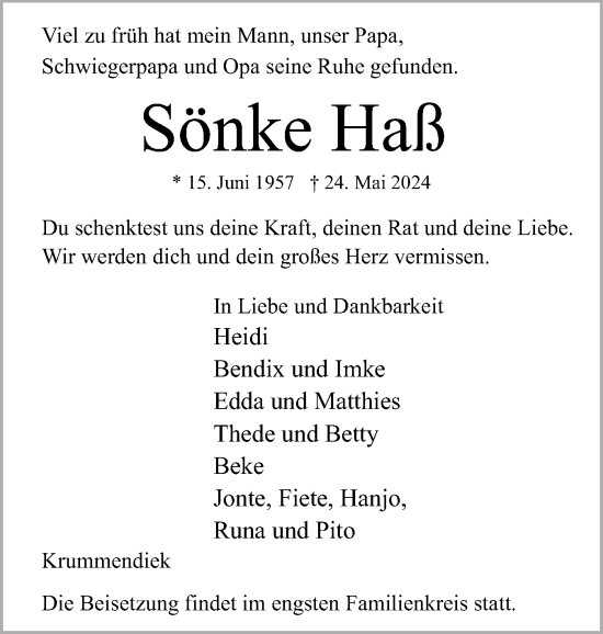 Traueranzeige von Sönke Haß von Norddeutsche Rundschau, Wilstersche Zeitung, Glückstädter Fortuna