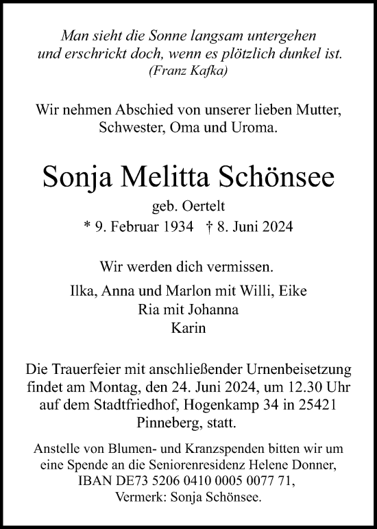 Traueranzeige von Sonja Melitta Schönsee von Region Pinneberg und tip Pinneberg