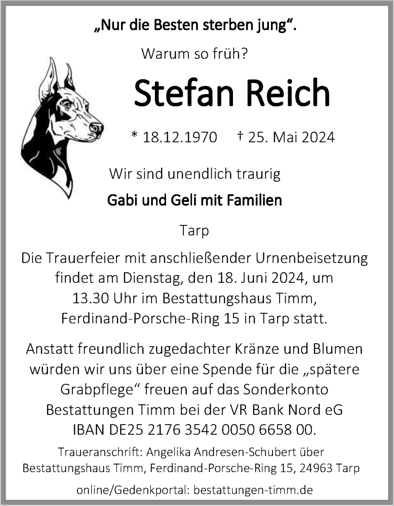  Traueranzeige für Stefan Reich vom 08.06.2024 aus Flensburger Tageblatt