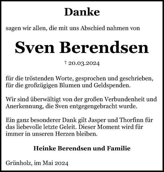 Traueranzeige von Sven Berendsen von Flensburger Tageblatt